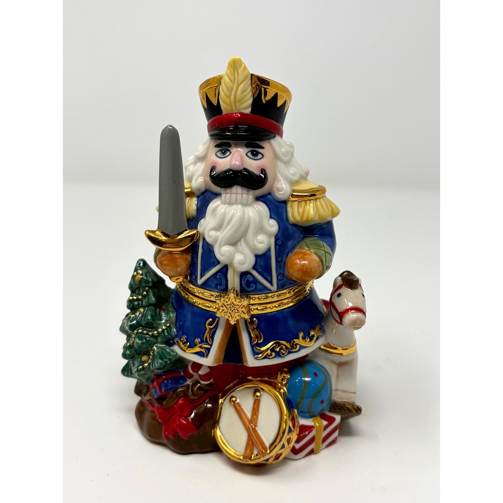 Nutcracker Porcelain Hinged Trinket Box 6 Inch Christmas Decor Blue Gold Soldier